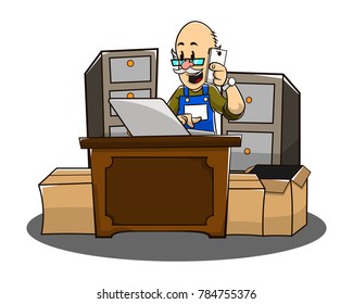 Old man working at warehouse cartoon vector