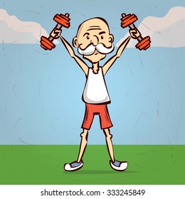 Old man workout in the park. Hand drawn cartoon vector illustration.