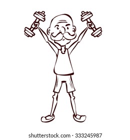 Old man workout in the park. Hand drawn cartoon vector illustration.