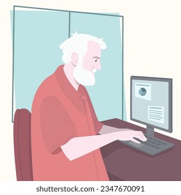 Old man works at computer. Man is sitting at desktop. Busy freelancer, office worker or company employee. Working at home. Modern vector flat illustration