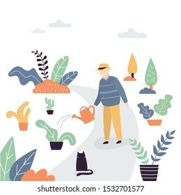 Old man works in the garden. Grandfather watering flowers and plants. Relaxing and spending time outdoors. Male character in trendy style. Vector illustration