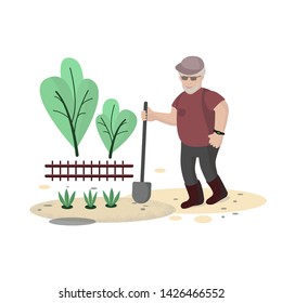 Old man works in the garden, shovel, healthy lifestyle, active old age, nature walks, concept, flat style, postcard, vector illustration