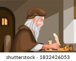 old man writing with feather pen in scroll paper biography history scene concept in cartoon illustration vector