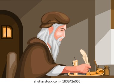Old Man Writing With Feather Pen In Scroll Paper Biography History Scene Concept In Cartoon Illustration Vector