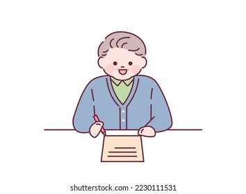 An old man is writing on paper. outline simple vector illustration.