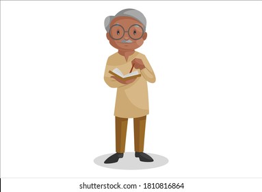 Old man is writing something in his diary. Vector graphic illustration. Individually on white background.