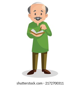 Old man is writing something in his diary. Vector graphic illustration. Individually on white background.