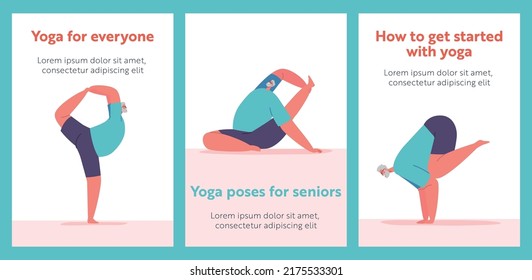 Old Man in Yoga Asana Poses Cartoon Banners. Elderly Male Character Practice Healthy Lifestyle, Relaxation. Meditate in Different Postures, Flexibility, Balance, Harmony. Vector Illustration, Posters