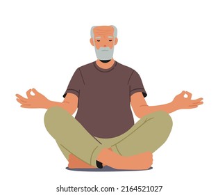 Old Man Yoga, Healthy Lifestyle, Relaxation. Elderly Male Character Meditating in Lotus Pose Isolated on White Background. Emotional Balance, Mindfulness, Harmony. Cartoon People Vector Illustration