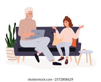 Old man and young girl sitting on the sofa and talking. The granddaughter emotionally tells her grandfather about her problems. Grandpa with laptop. Vector illustration