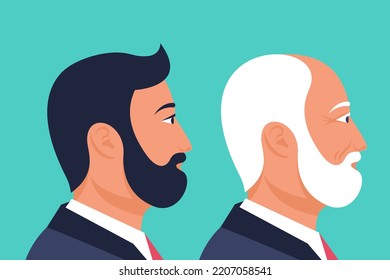 Old man and young guy. Business man in a suit. Hairstyle and beard, face in profile. Vector illustration flat design. Isolated on white background.