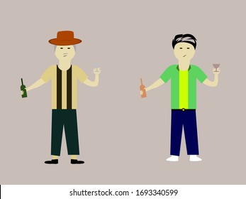 old man and young man holding beer . Illustration people 