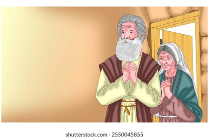 The old man Zechariah the priest and his old woman wife stood and prayed in front of their house.