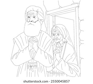 The old man Zechariah the priest and his old woman wife stood and prayed in front of their house.