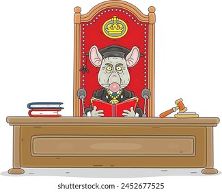 Old mangy rat judge in a black gloomy judicial official robe studying a case and reading a verdict, vector cartoon illustration on a white background