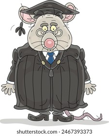 Old mangy rat judge in a black gloomy judicial official robe and an academic cap for official hearings and sentencing, vector cartoon illustration on a white background