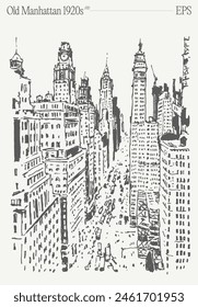 Old Manhattan 1920s, New York skyline. Hand drawn vector illustration, sketch.