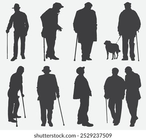 Old Mans, Aged people, Elderly People, Seniors Walking with Canes Silhouettes