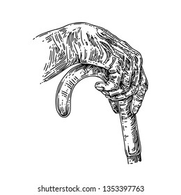 Old man's hand holding a wooden cane. Sketch. Engraving style. Vector illustration.