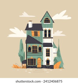 Old mansion apartment facade. Cute rowhouse architecture. Vector flat cartoon illustration