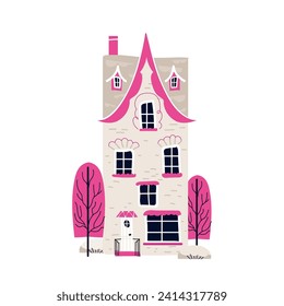 Old mansion apartment facade. Cute rowhouse architecture. Vector flat cartoon illustration