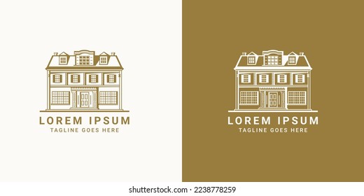 Old mansion logo. Minimalistic outline simple vector logo for real estate, home repairs, hotel business, boarding house, hostel, rental housing. Linear vector illustration.