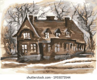 An old mansion on a background of trees. A haunted house. Sketch, monochrome watercolor, sepia.