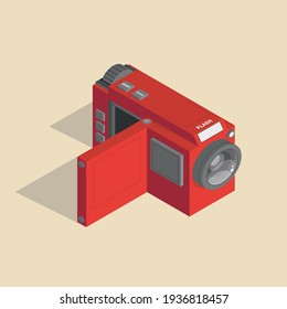 An old manual camera in an isometric projection for home use. Illustration for apps and games.	