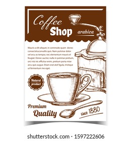 Old Manual Coffee Grinder And Cup Poster Vector. Retro Tool For Grinding Coffee Beans, Mug With Natural Product And Spoon. Antique Machine For Make Arabica Hot Drink Monochrome Template Illustration