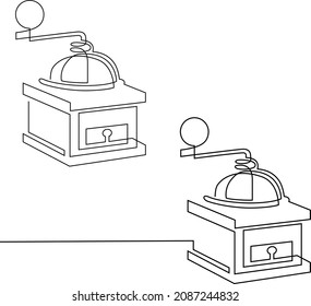 Old manual coffee grinder made of metal and wood. Retro style. Continuous line drawing. Vector illustration