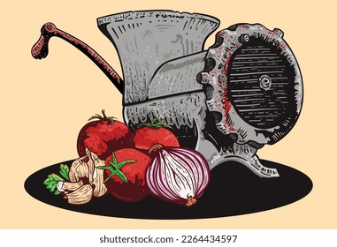 Old manual meat grinder. Doodle style. Meat, onnions, garlic and tomatoes. Vector illustration. Vintage. Kitchen
