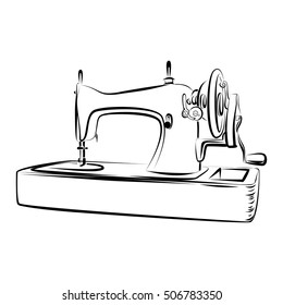 Old manual sewing machine, to the hook ,with handle and wheel for manual operation. Non-electrical equipment for sewing clothes. Manual schematic drawing, sketch, line art, flowing lines. vector.