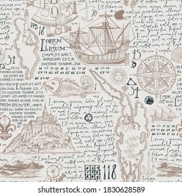 Old manuscript with handwritten text lorem ipsum and hand-drawn islands, sailboats, wind rose in vintage style. Vector abstract seamless pattern on the theme of travel, adventure and discovery