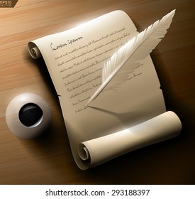 Old Manuscript Scroll With Ink And Writing Feather. High Quality Vector Illustration.