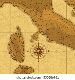 old map with compas and islands on brown background