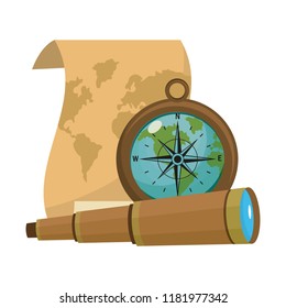 old map with compass and monocular tools