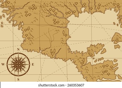 old map with a compass and trees in shades of yellow