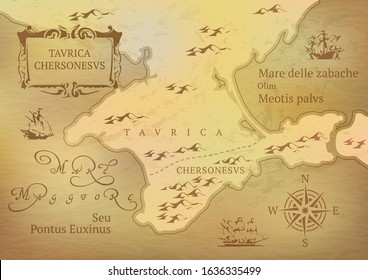 Old map of Crimea with inscriptions in Latin. Vector illustration.
