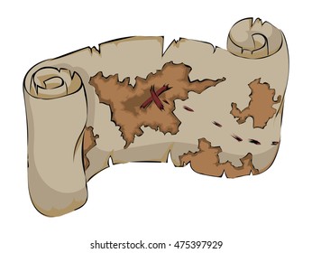 Old map with destination on a white background. Vector color clip art. Picture for coloring book.
