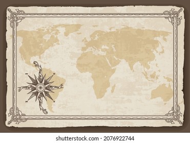 Marco de mapa antiguo con brújula náutica retro sobre textura de papel antiguo. Antecedentes vectoriales antiguos náuticos dibujados a mano. Se levantó el viento para la navegación marítima. Tema marino vintage en vector