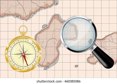 Old map, golden compass and magnifying glass. Vector illustration