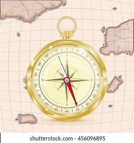 Old map with golden compass. Vector illustration