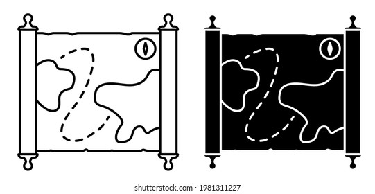 old map icon. Papyrus paper rolled up. Medieval letters and pirate treasure maps. Simple black and white vector