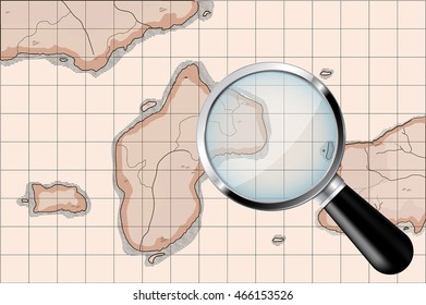 Old map imitation with transparent magnifying glass. Vector illustration