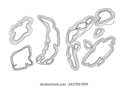 Old map ink drawing. Landscape islands top view. Map elements. Contours of islands with elevation levels. Sea and coast outline