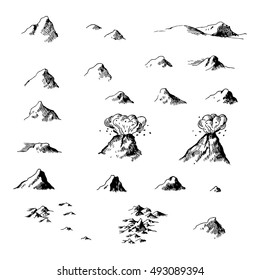 Old map ink mountains set. Black and white