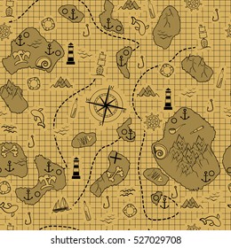 Old map with islands, ships and different marine elements. Vector illustration. Seamless pattern