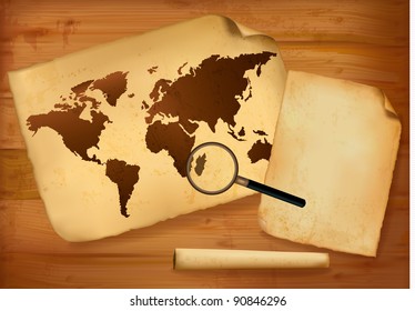 Old map and old paper on wooden background. Vector illustration.