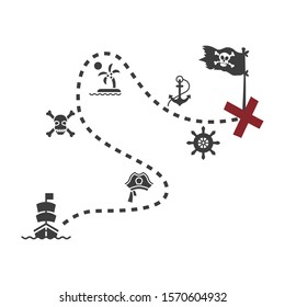 Old map for pirate adventures. Island with old chest. Vector illustration. Pirate map, travel adventure