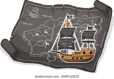 Old map with a pirate ship illustration